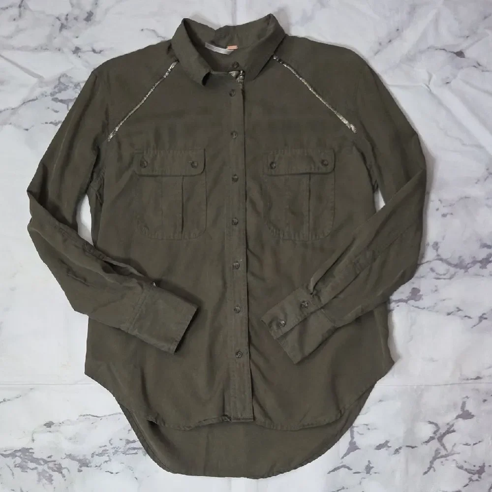 Free People Olive Button-Down Shirt